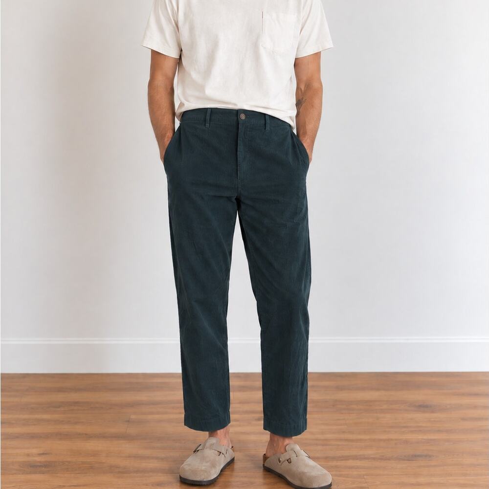 General Assembly Men’s 34 Teal Green Corduroy Pants Straight Leg Cropped Trouser